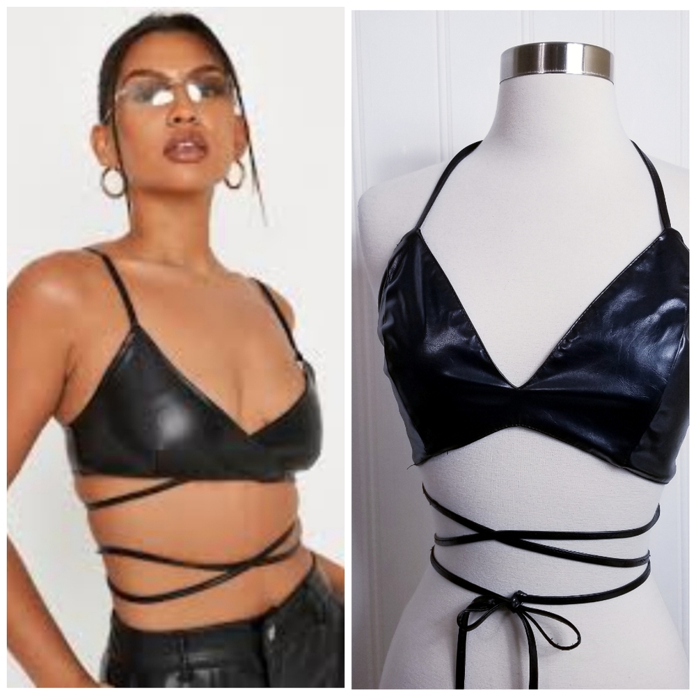 Top Chic Bralette Top Size M Faux Leather Wrap Tie Y2K Festival Goth Black Strap
